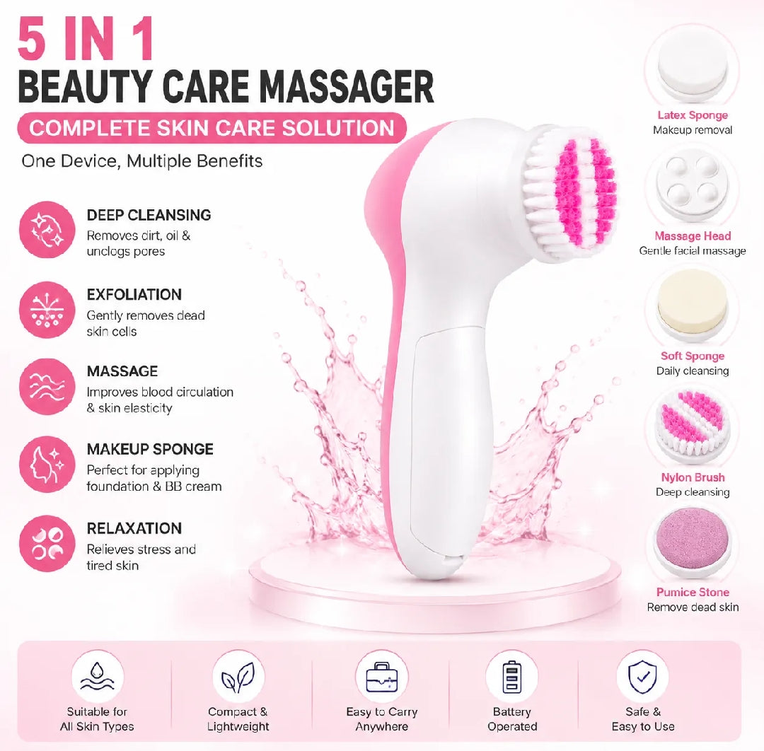 5 in 1 Multifunction Face Facial Cleansing Brush Spa Massage for Skin Care | Battery Operated