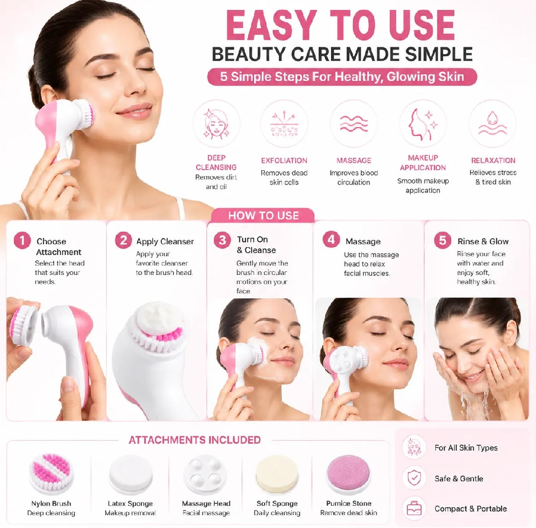 5 in 1 Multifunction Face Facial Cleansing Brush Spa Massage for Skin Care | Battery Operated